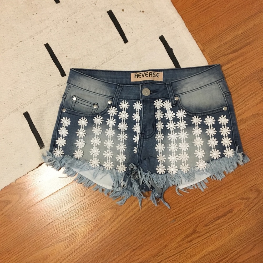 Reverse Daisy Embroidered Denim Shorts